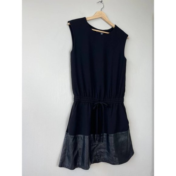Vince Sleeveless Drawstring Waist Mini Dress Contrast Leather Black Size: XXS - Picture 4 of 9